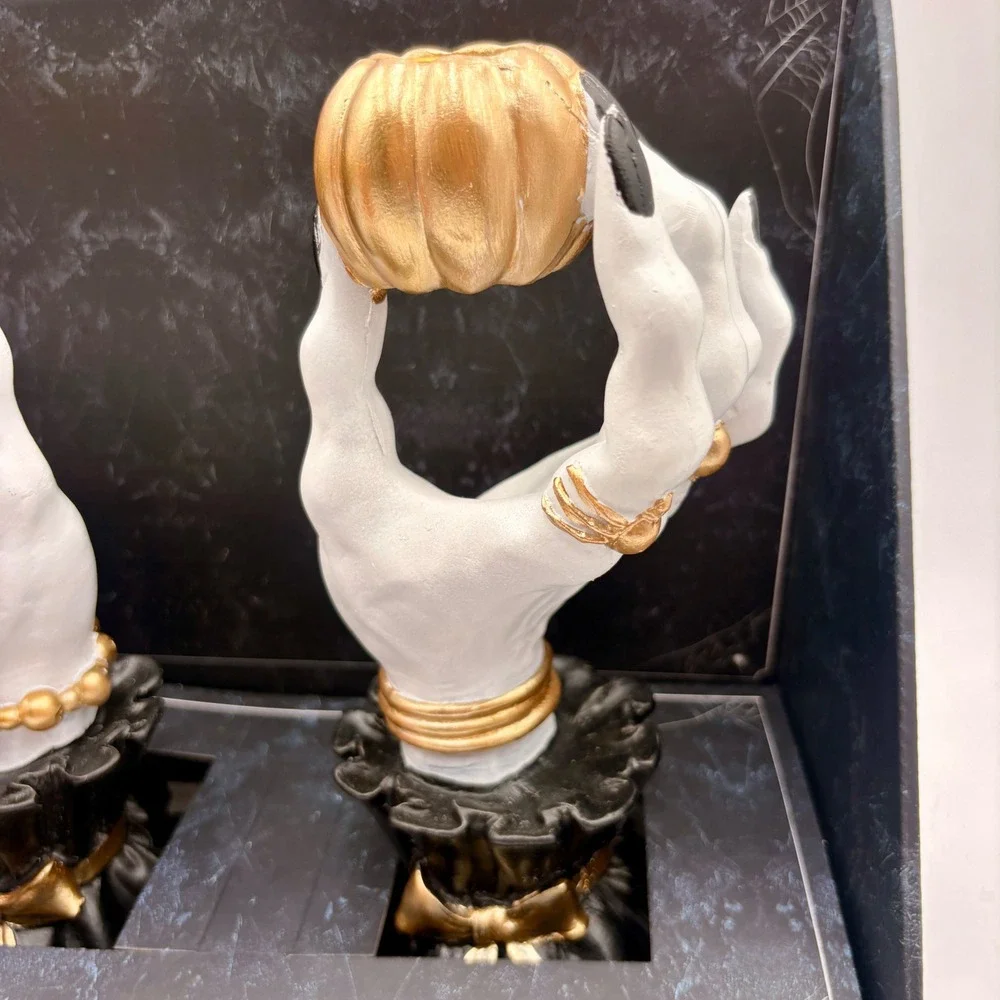 Bella Lux Halloween Skeleton Hand Gold Pumpkin Candle Holder Set of 2 White Gold